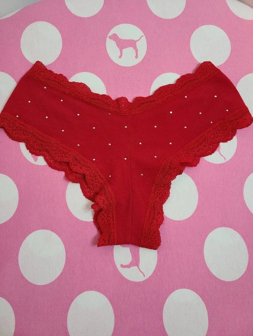 VTG VS PINK Studded Cotton Lace Trim XLR Cheekiest Hipster Panty Size Sm Red